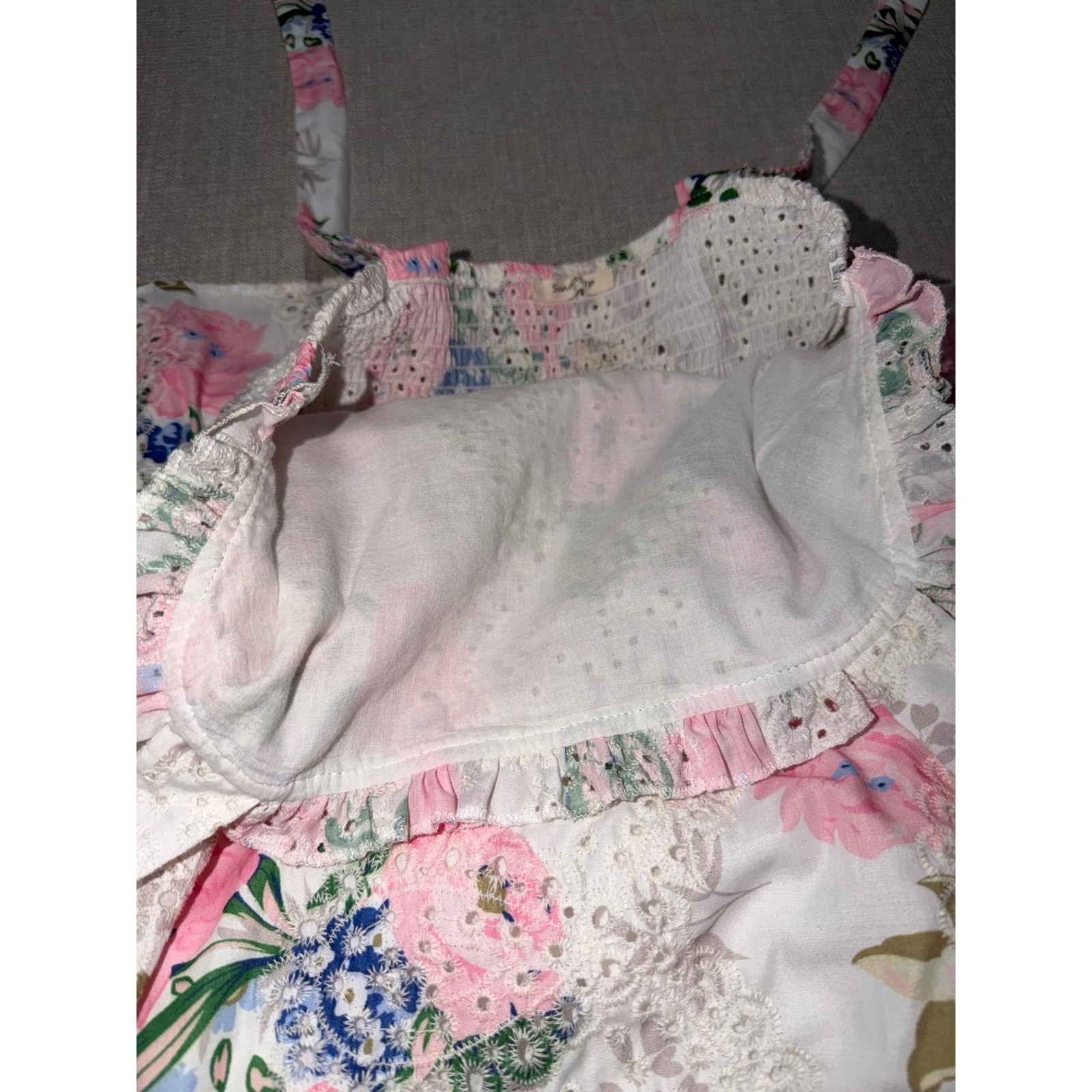 Sunday Up Floral Eyelet Lace Tie Shoulder Smocked Midi Dress Pink White Medium