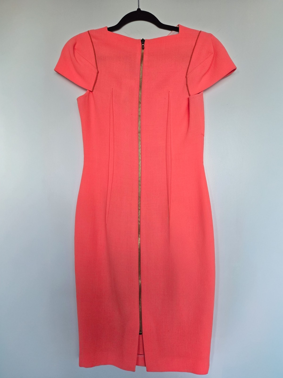 Roland Mouret Asymmetric Crepe Sheath Dress Coral Pink Orange Zip US 6 UK 10