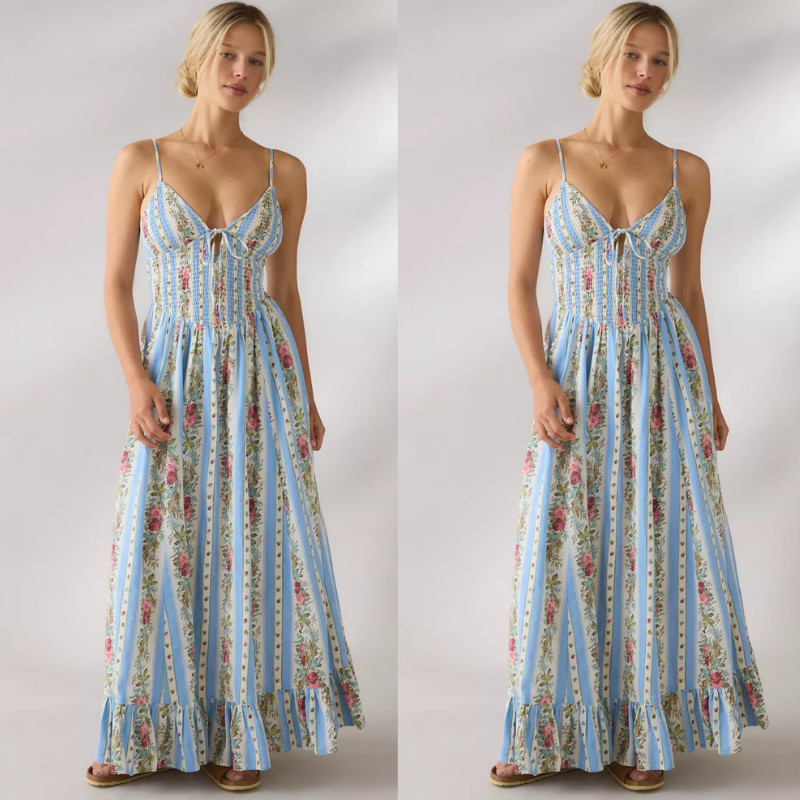 URBAN Kimchi Blue Keepsake Tie-Front Smocked Cotton Maxi Dress – Blue Multi