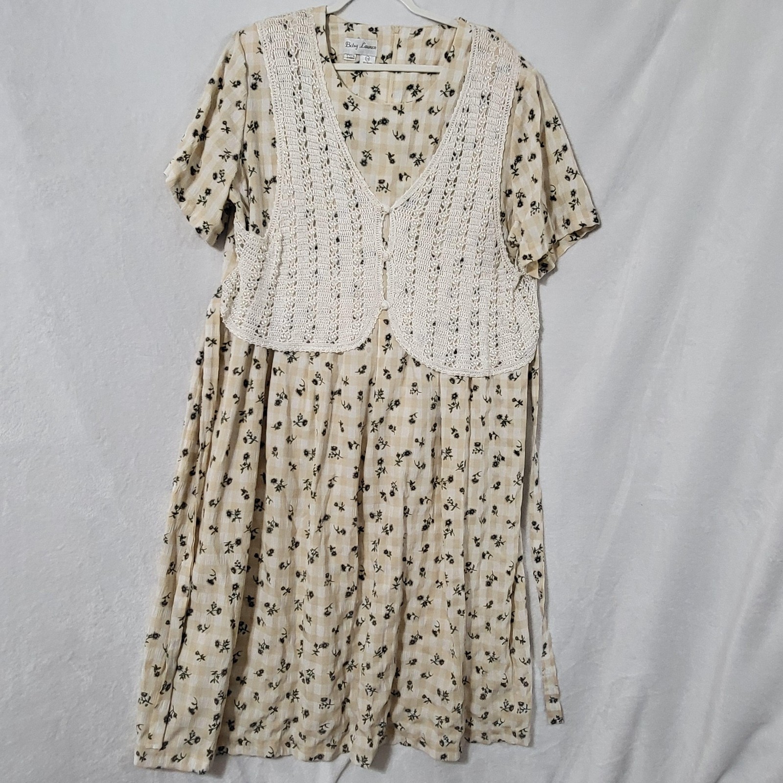 Betsy Lauren Dress Womens 24 Gingham Floral Crochet Vest Overlay Short Sleeve