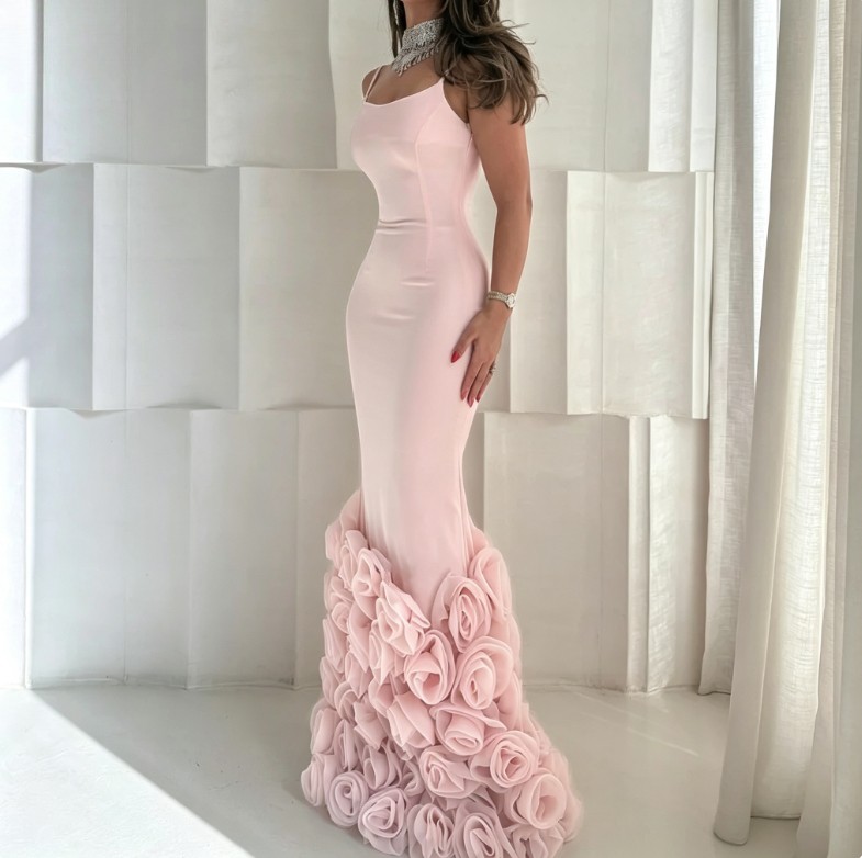 Light Pink Flower Pleat Mermaid Evening Dresses Sexy Spaghetti Straps Prom Gowns