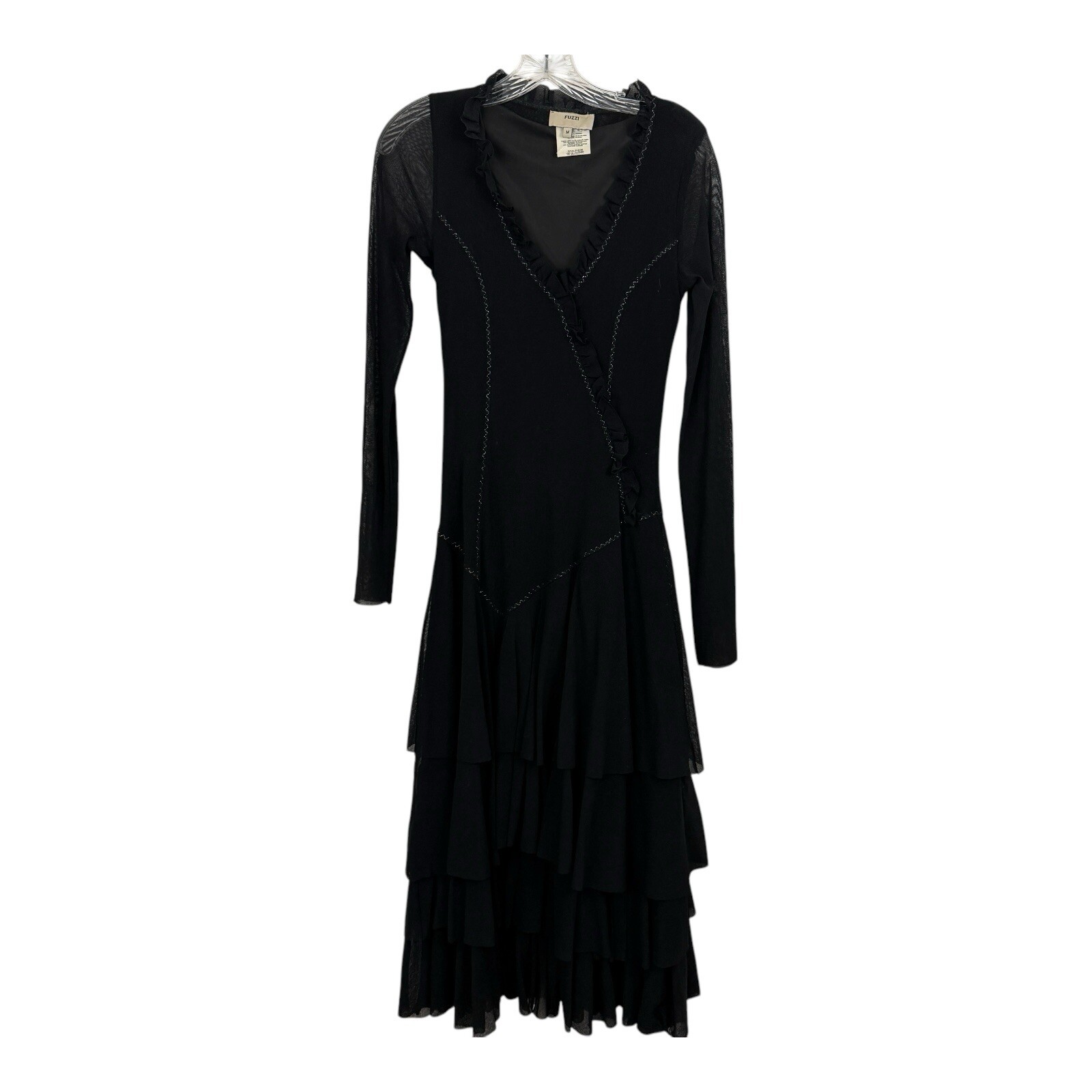 FUZZI Whimsigoth Tiered Dress Sz M Italy Black Mesh Fit Flare Layered Witchy