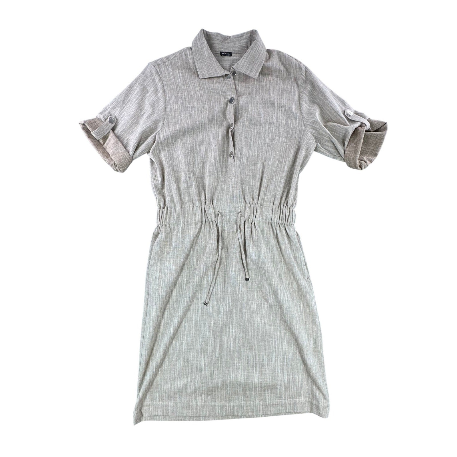 Kiton Napoli Women Taupe Wool Blend Drawstring Shirt Dress Made In Italy 32″