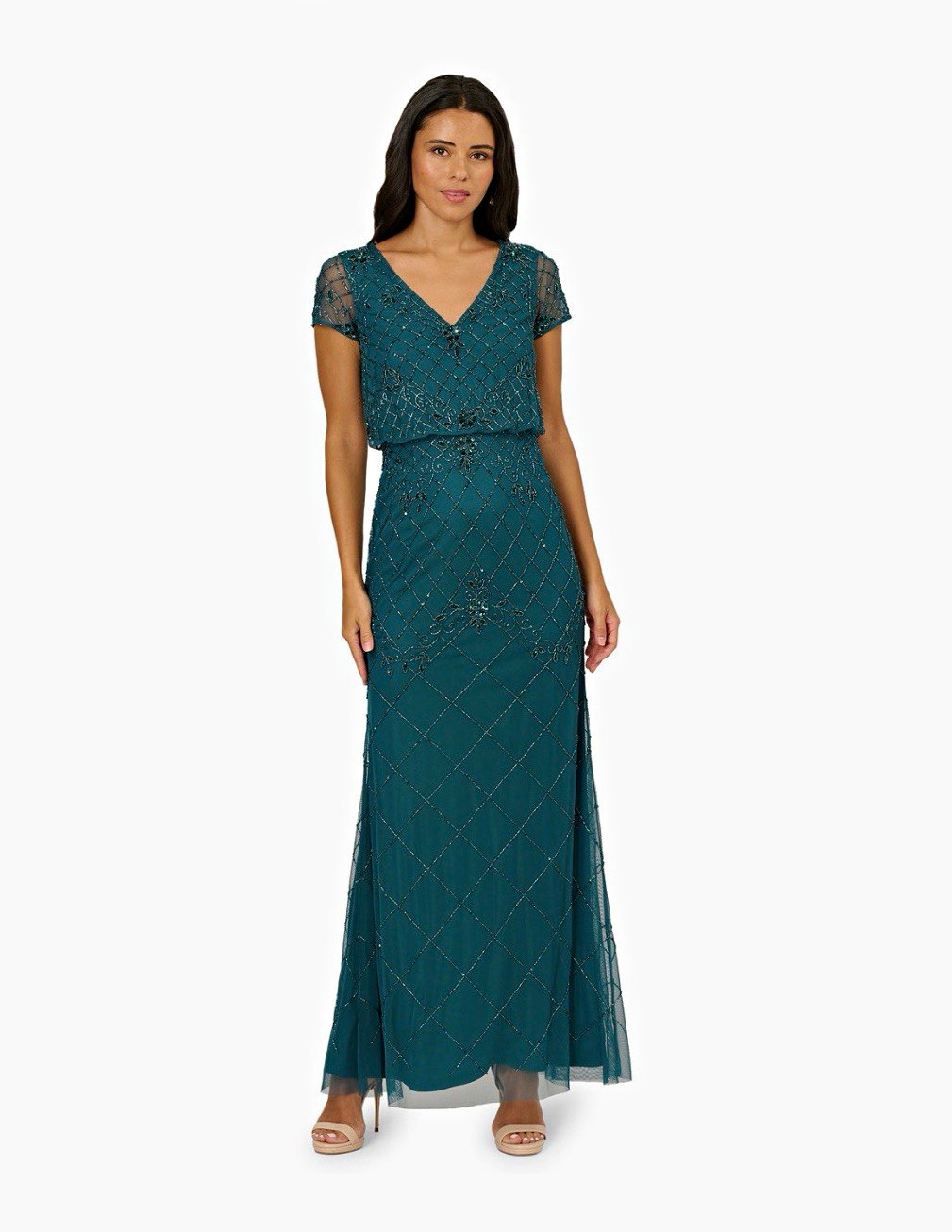 Adrianna Papell Women’s Petite Formal Beaded Mesh V-Neck Short Sleeve Gown 12P
