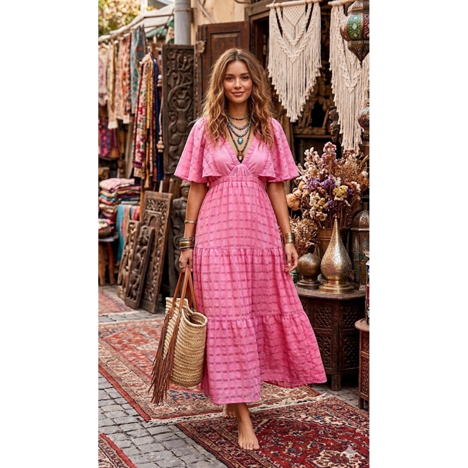Storia Dress Pink Flutter Sleeve Tiered V-neck Plaid Texture Boho Romantic M