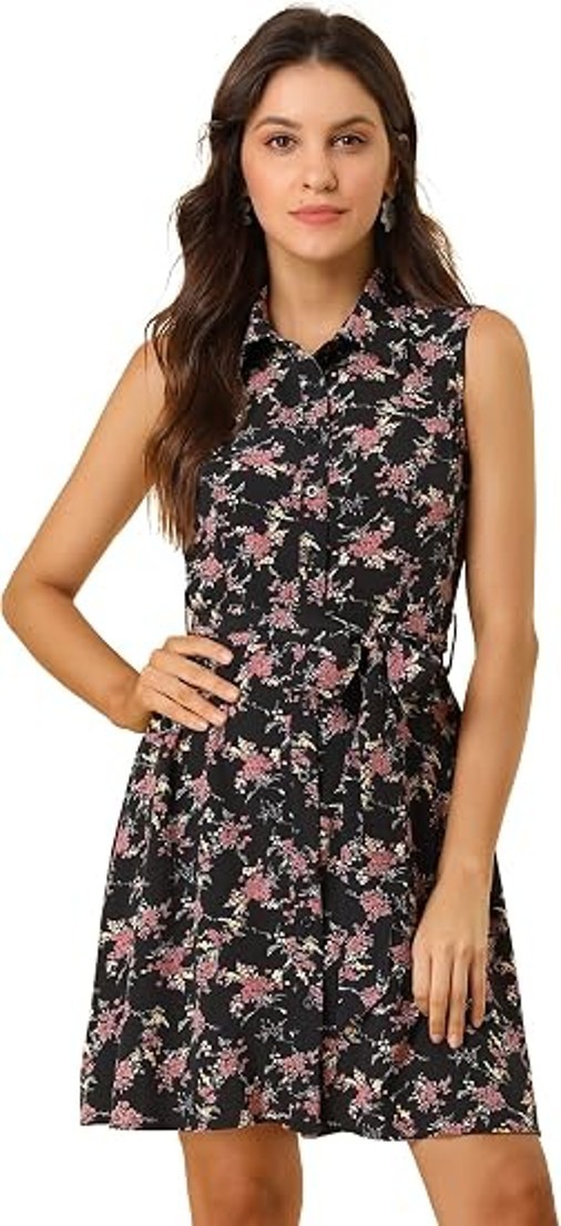 Allegra K Black Pink Floral Collared Button Front Stretch Shirt Dress S