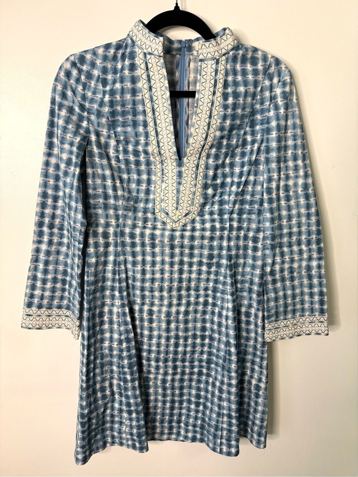 Tory Burch Light Pool Blue Embroidered Long Sleeve Tunic Resort Dress