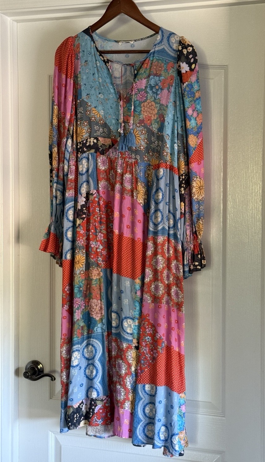 SPELL & THE GYPSY Cha Cha Patchwork Midi Dress Boho size M Jewel Colorway