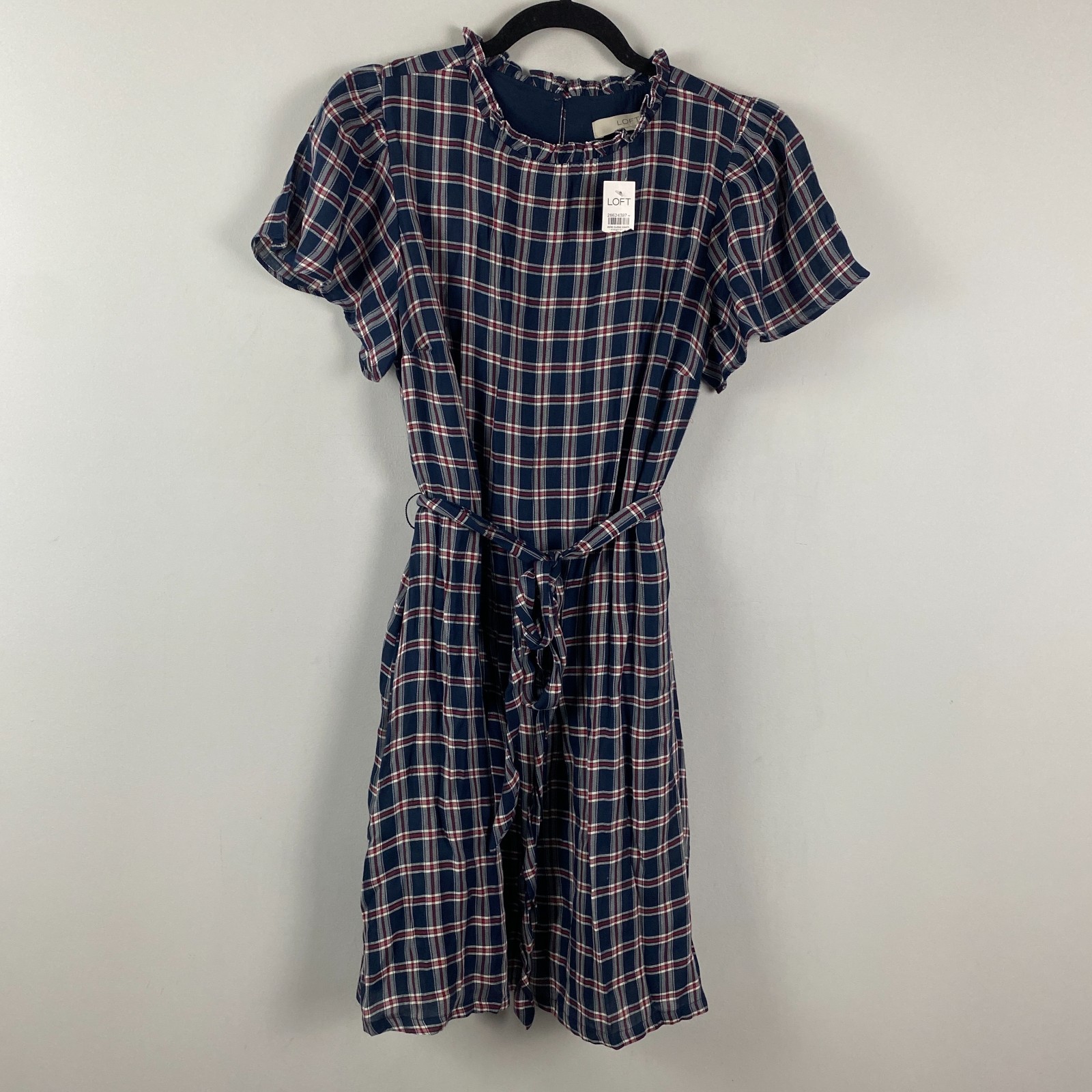 LOFT Dress Size M Navy Blue Red White Plaid Ruffle Neck Tie Waist Flutter Sleeve
