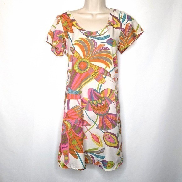 ASOS Womens Psychedelic Floral Shift Dress Multi Color Retro Short Sleeve Size 4