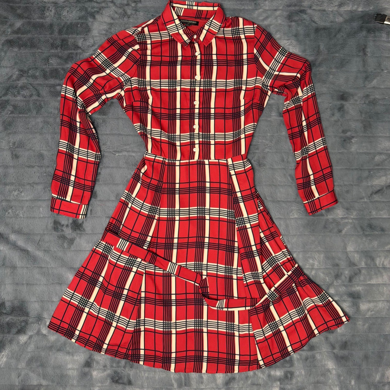 Banana Republic Red Plaid Long Sleeve Belted Shirt Dress Size 6 Holiday Classic