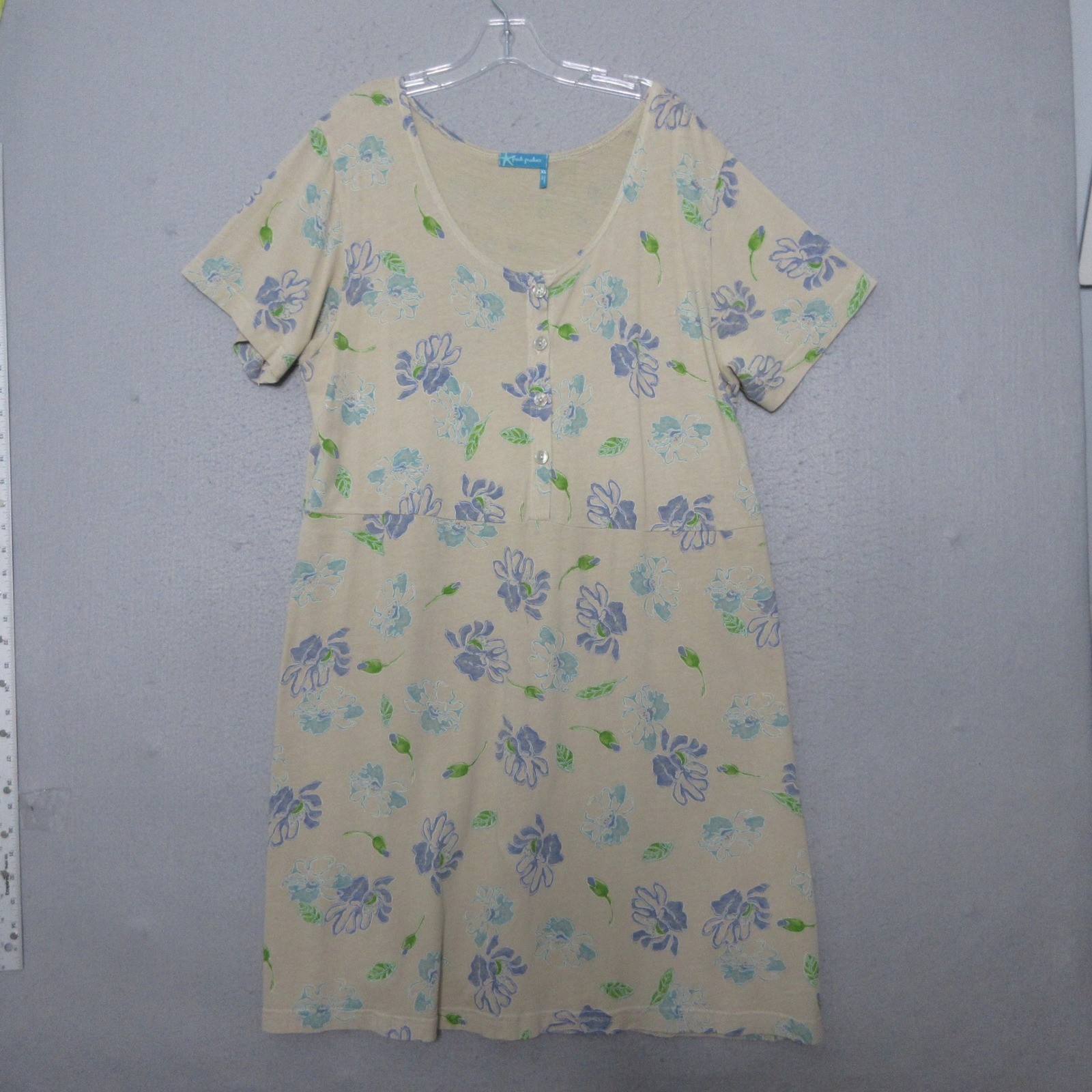 Fresh Produce Dress XL Floral Cotton Tan Blue Coastal Beachy Resort Made in USA