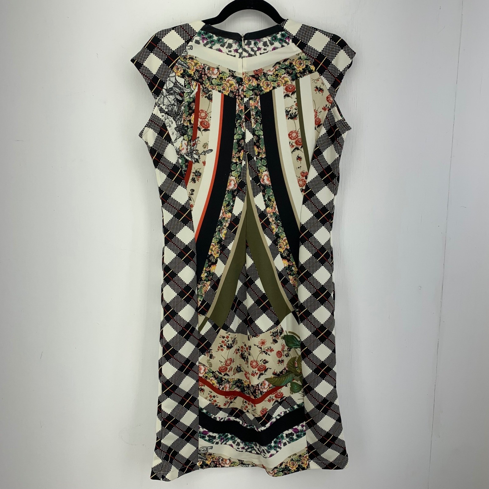 Patchwork Floral Plaid Mixed Print Mod Retro Sheath Dress Multi Eclectic Sz. 14