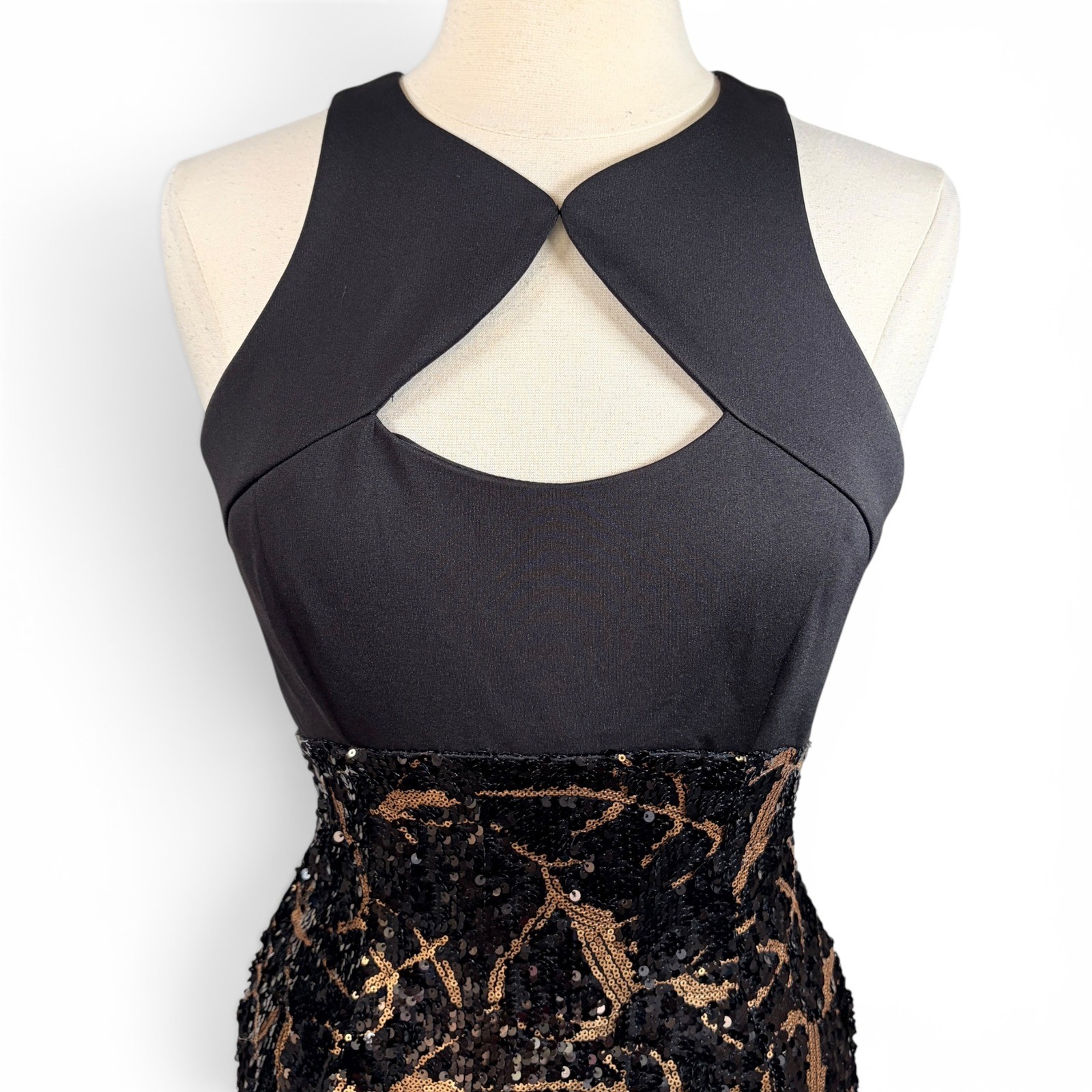 CACHE Sexy Sophistication Black & Gold Stretch Sequin Cocktail Mini Dress, MED