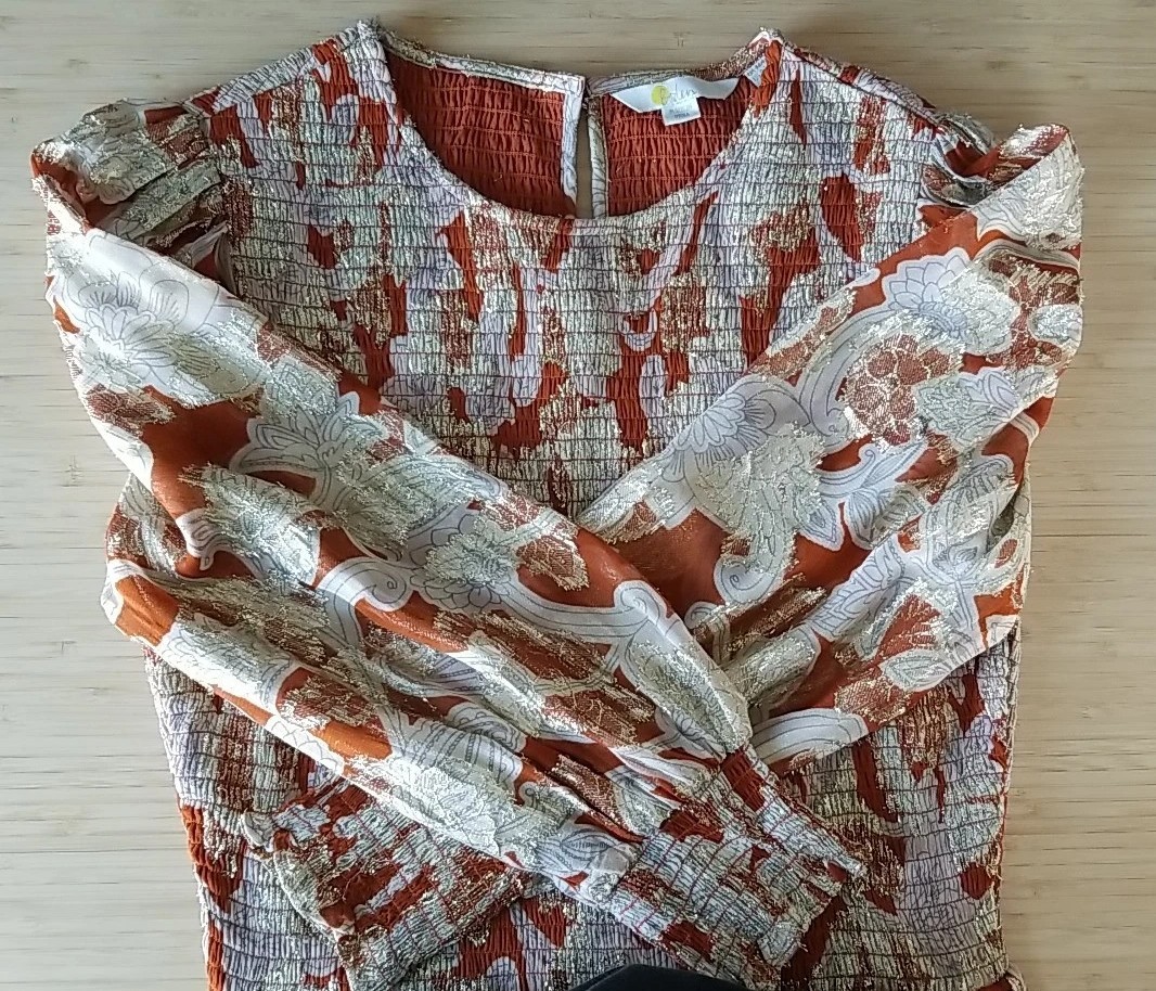 Boden Smocked Jacquard Maxi Dress Rust Copper Paisley Gold Metallic US 8 EUC
