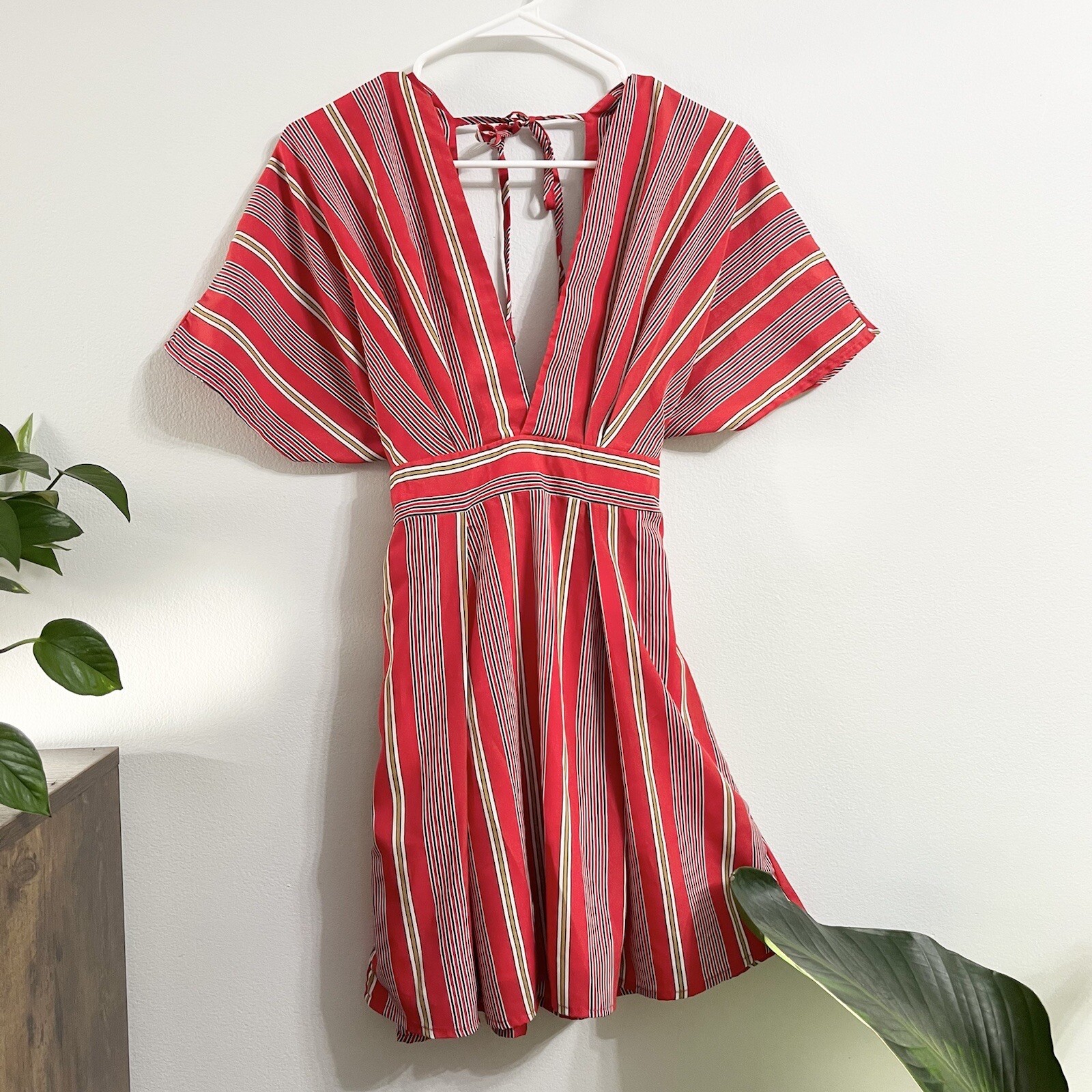 Favlux Fashion Red Striped Deep V Neck Peekaboo Back Tie Around Mini Dress Small
