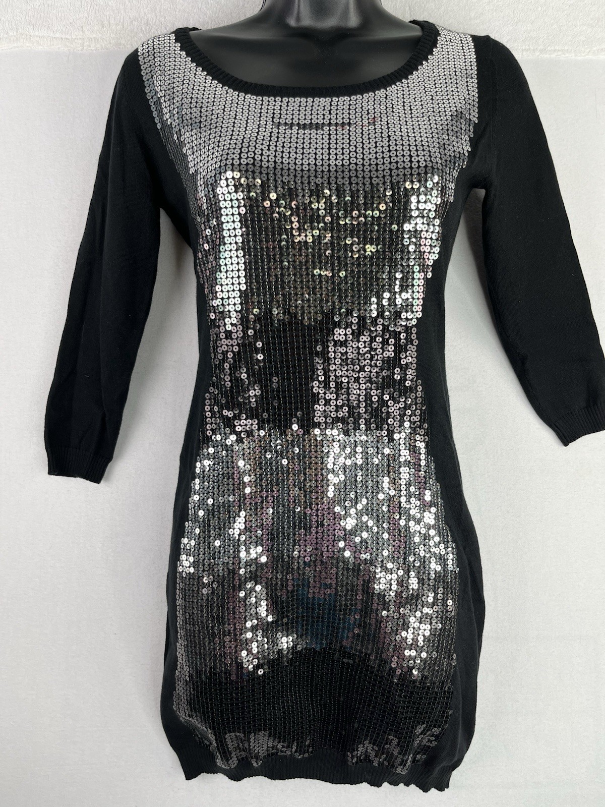 MATERIAL GIRL Sz S Bodycon Mini Dress Black Ombré Sequin Cotton Stretch NEW