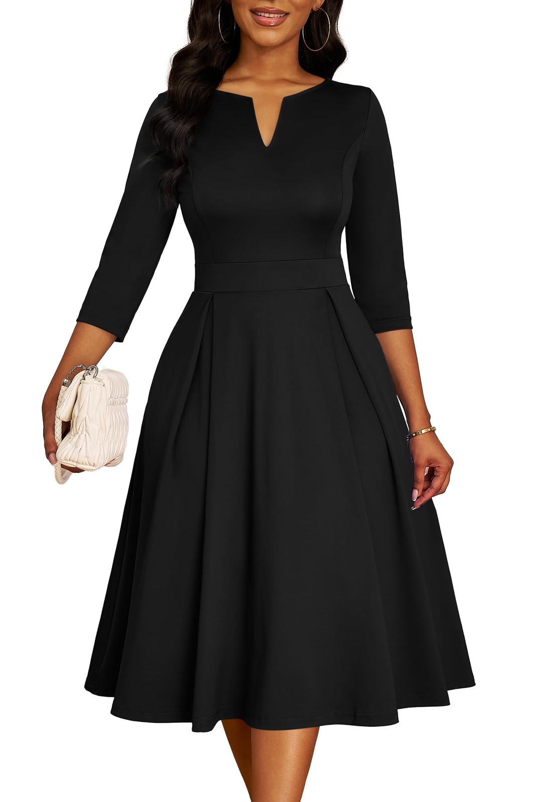 Midi Dresses for Women, Semi Formal Fit and Flare 3/4 Sleeve V Neck Work Dress