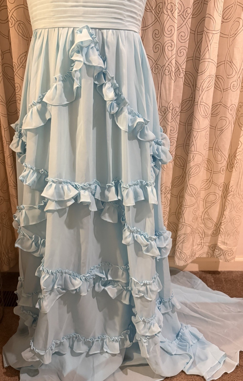 Glamlora A-Line Straps Sky Blue Chiffon Ruffles Long Prom Dress Size 0, New!