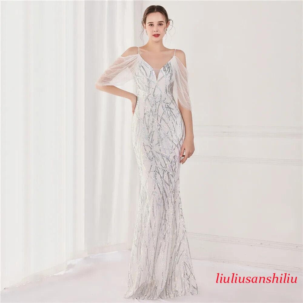 Women’s Wedding Elegant Beading Evening Green Sequin Strap Maxi Long Prom Dress
