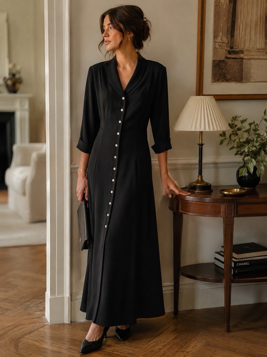 David Warren Dress 14 Black Button Front Maxi Fit Flare Minimalist Evening