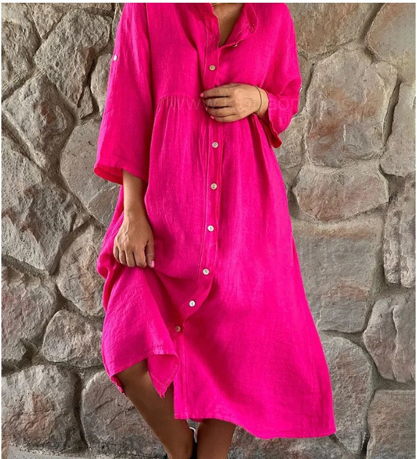 Loose Linen Cotton ShirtDress Women’s 3/4 SleeveBeach LongShirt CasualVest Skirt