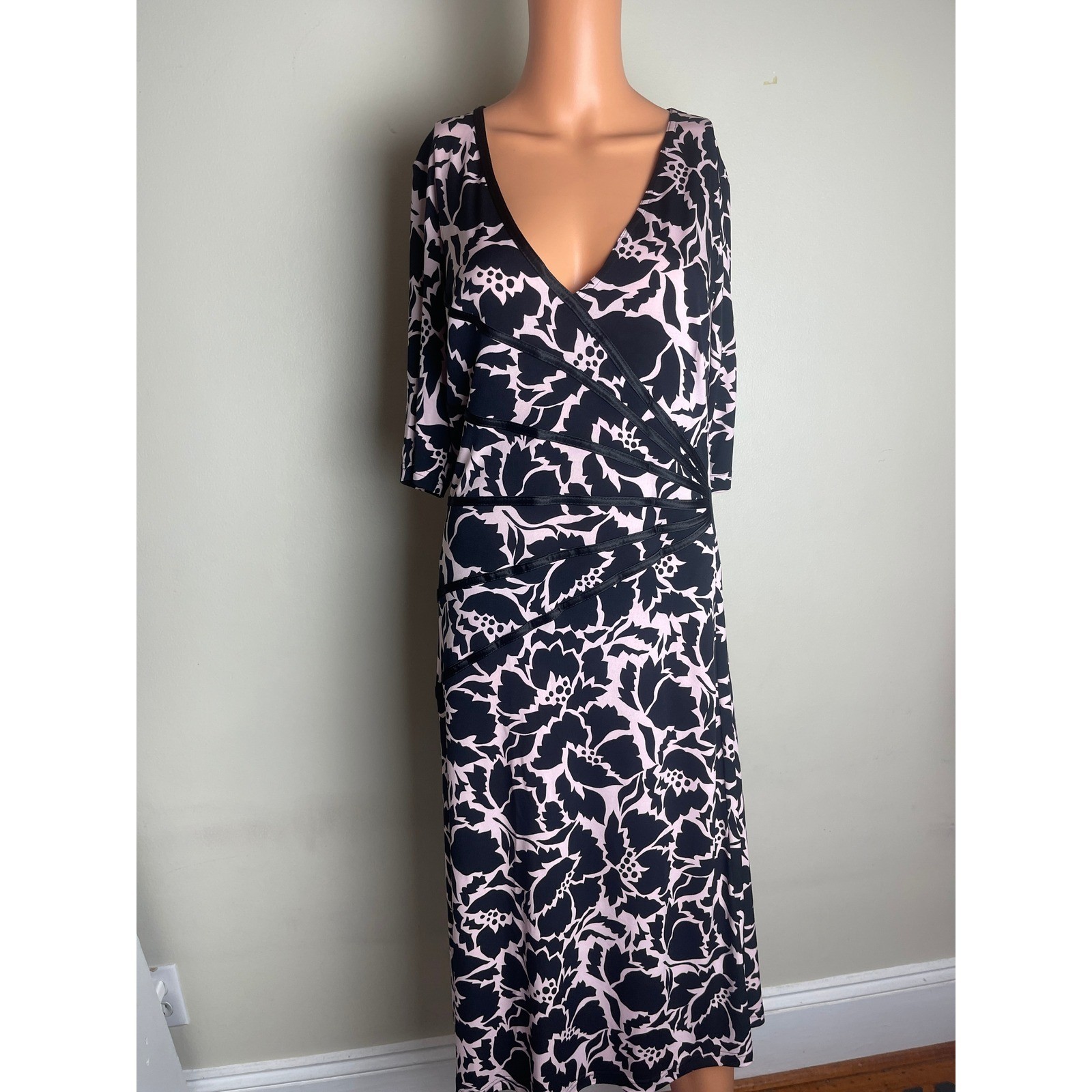 Connected Apparel Womens Pink Black Floral Faux Wrap Midi Dress Elbow Sleeve 12