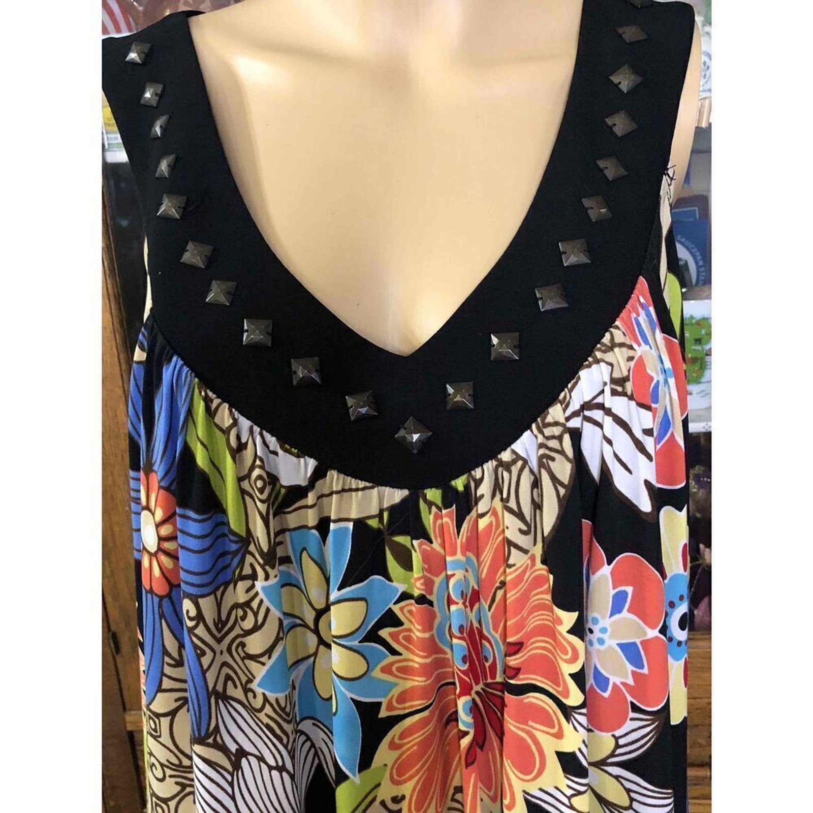Tiana B Multicolor Floral Sleeveless Sundress Studded Trim Vneck Womens XL