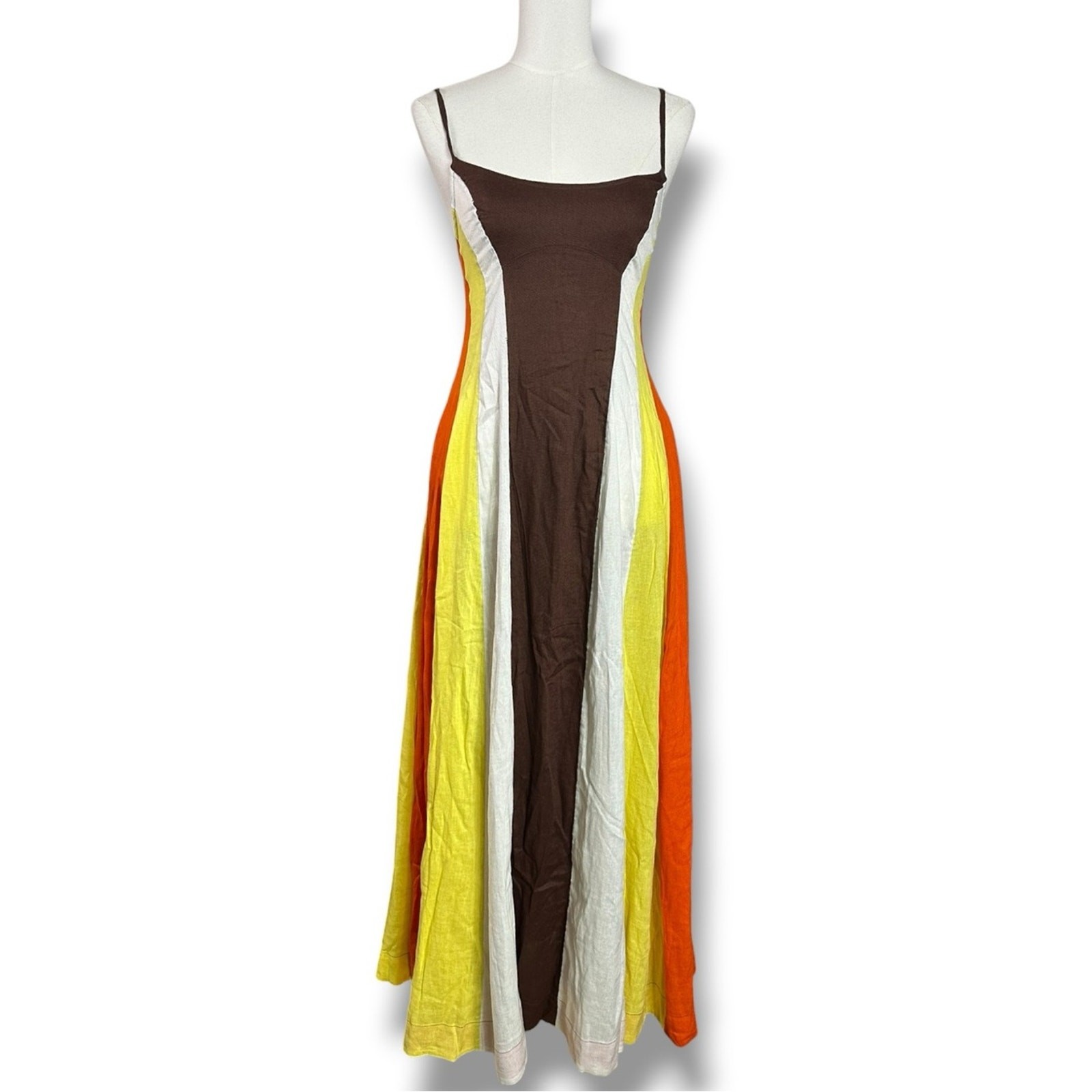 Free People Linen Retro 70s Color Harmony Maxi Dress in Chocolate Combo Small