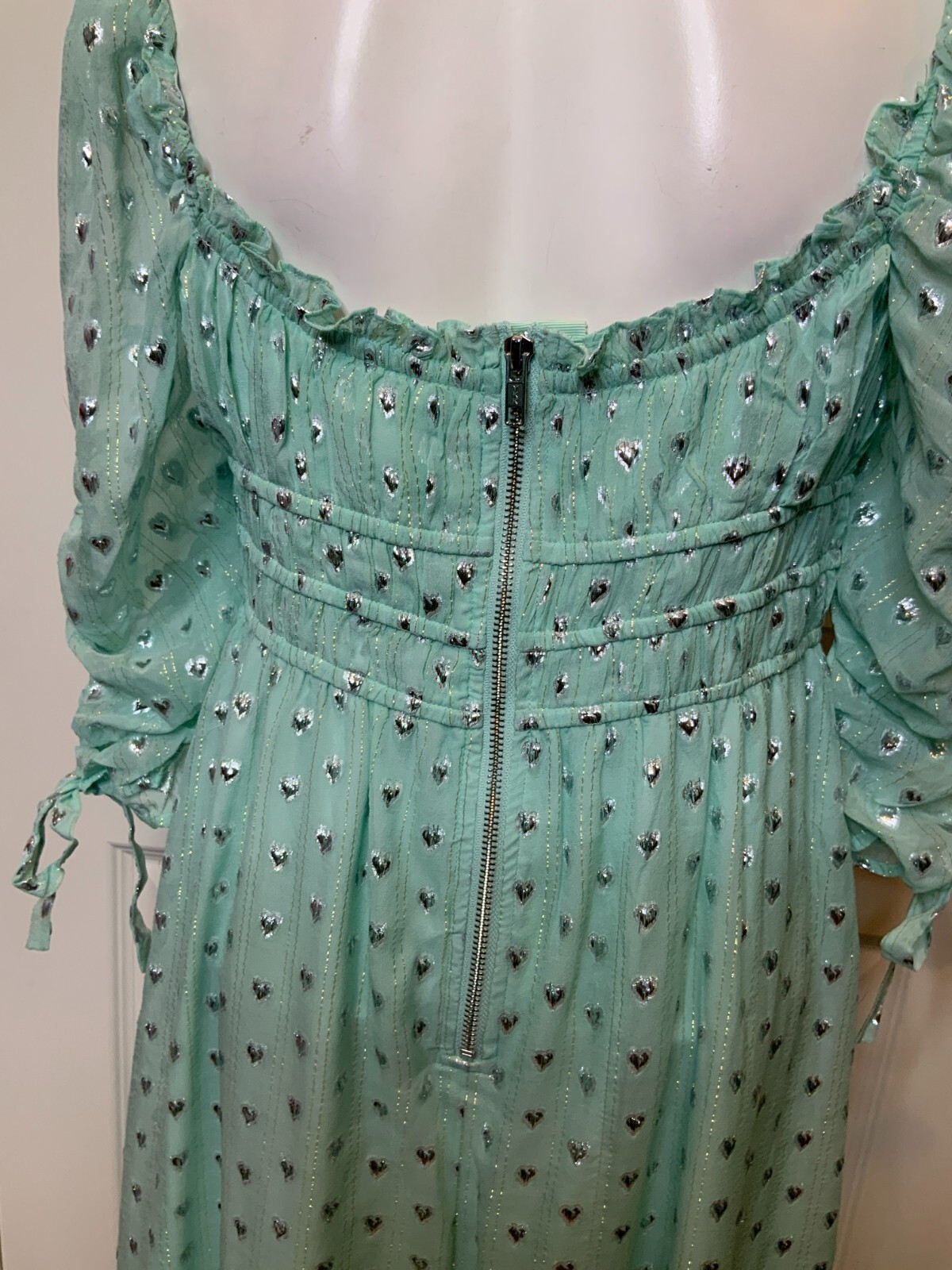 For Love & Lemons Eden Mint Green Silver Heart Silk Dress, Size L, NWT $350