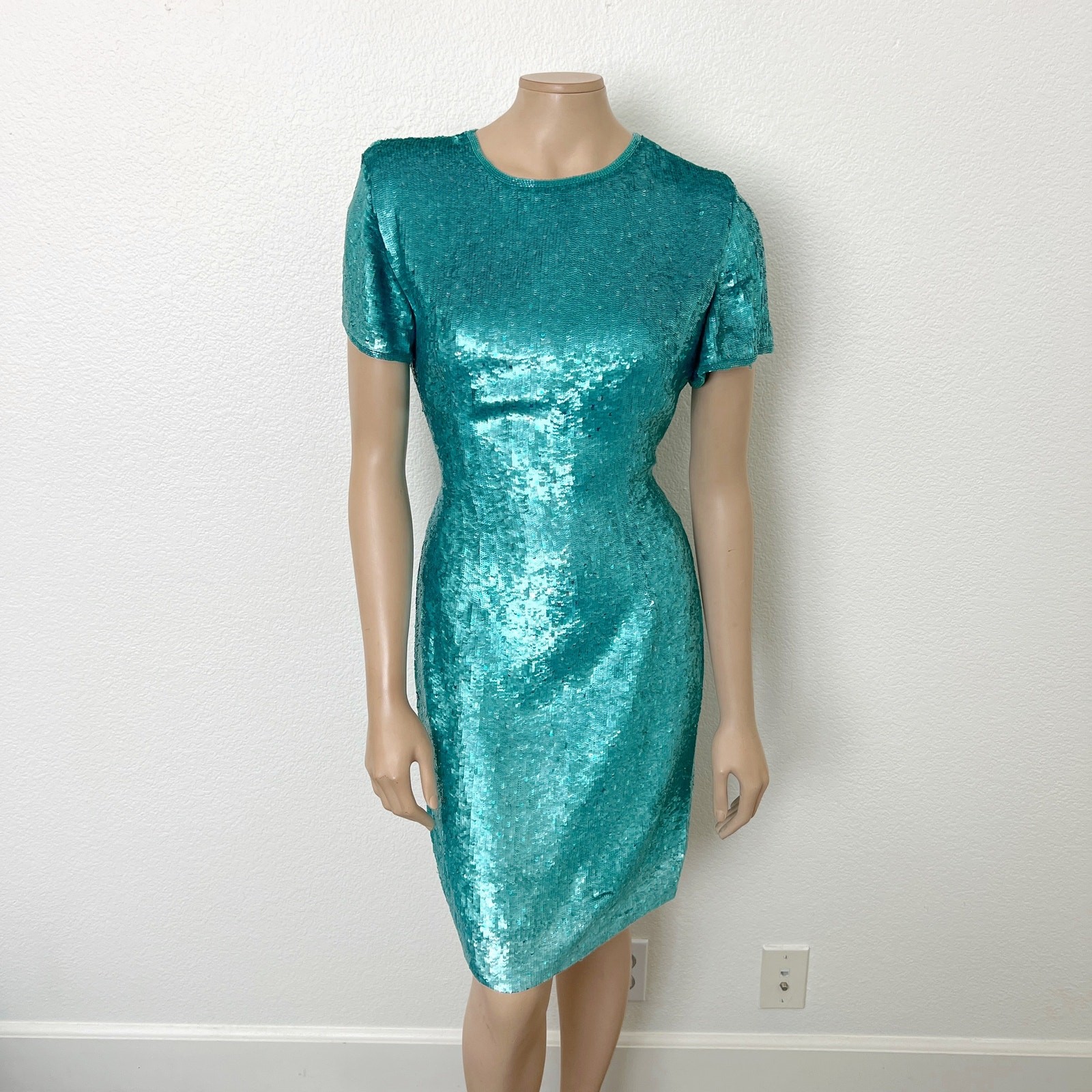 Vintage Naeem Khan Riazee Nights Sz Large L Turquoise Sequined Mini Sheath Dress