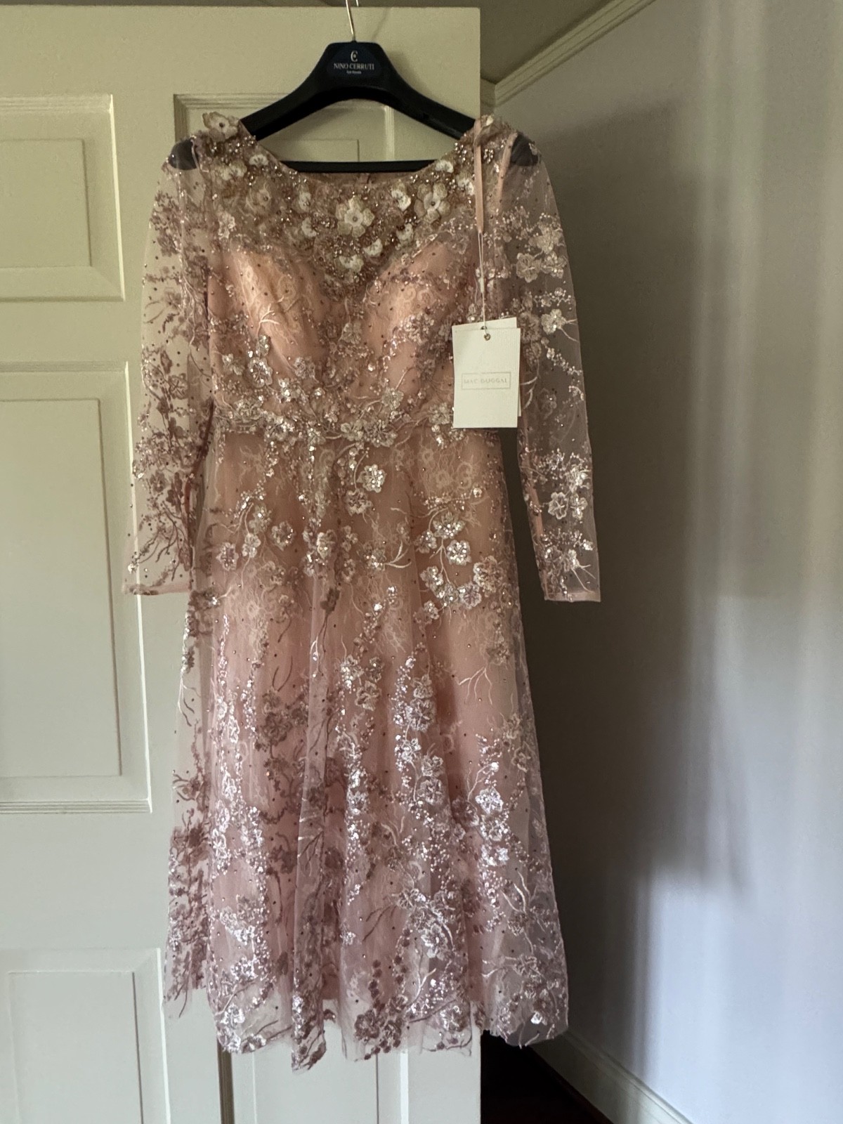 Mac Duggal Illusion Lace A Line Midi Dress in Pink NWT Size 8