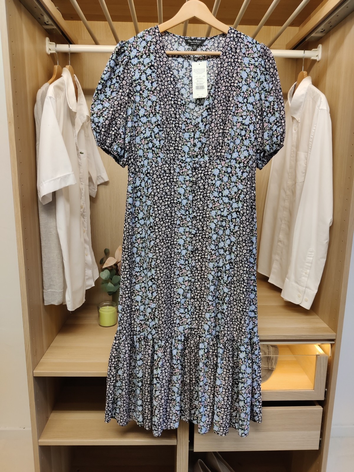 BNWT MISS SELFRIDGE UK 12 BLACK DRESS TEA DITSY PRINT SHORT SLEEVE MIDI RRP £39