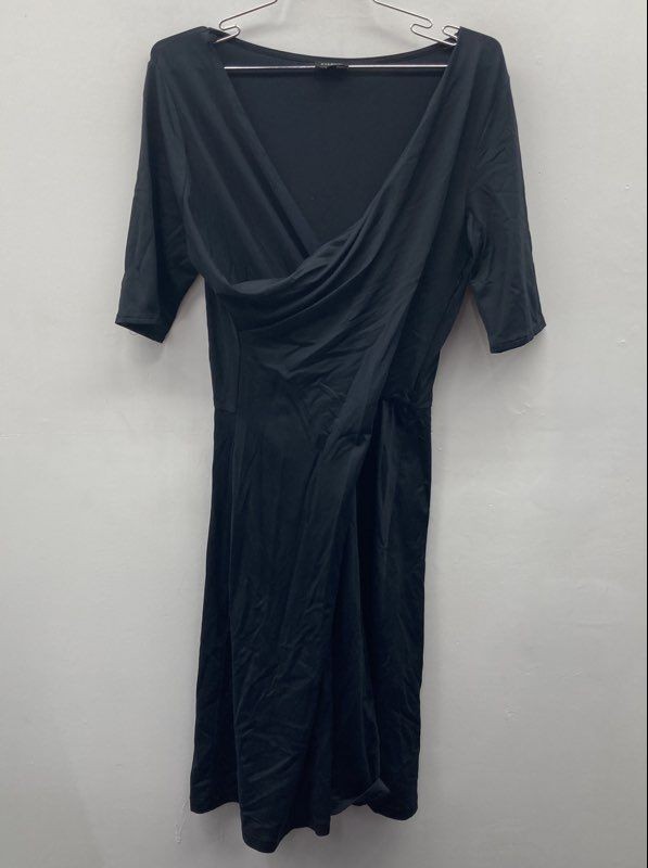 Talbots Women’s Black Surplice Draped Faux Wrap Jersey Dress Elbow Sleeve Size S