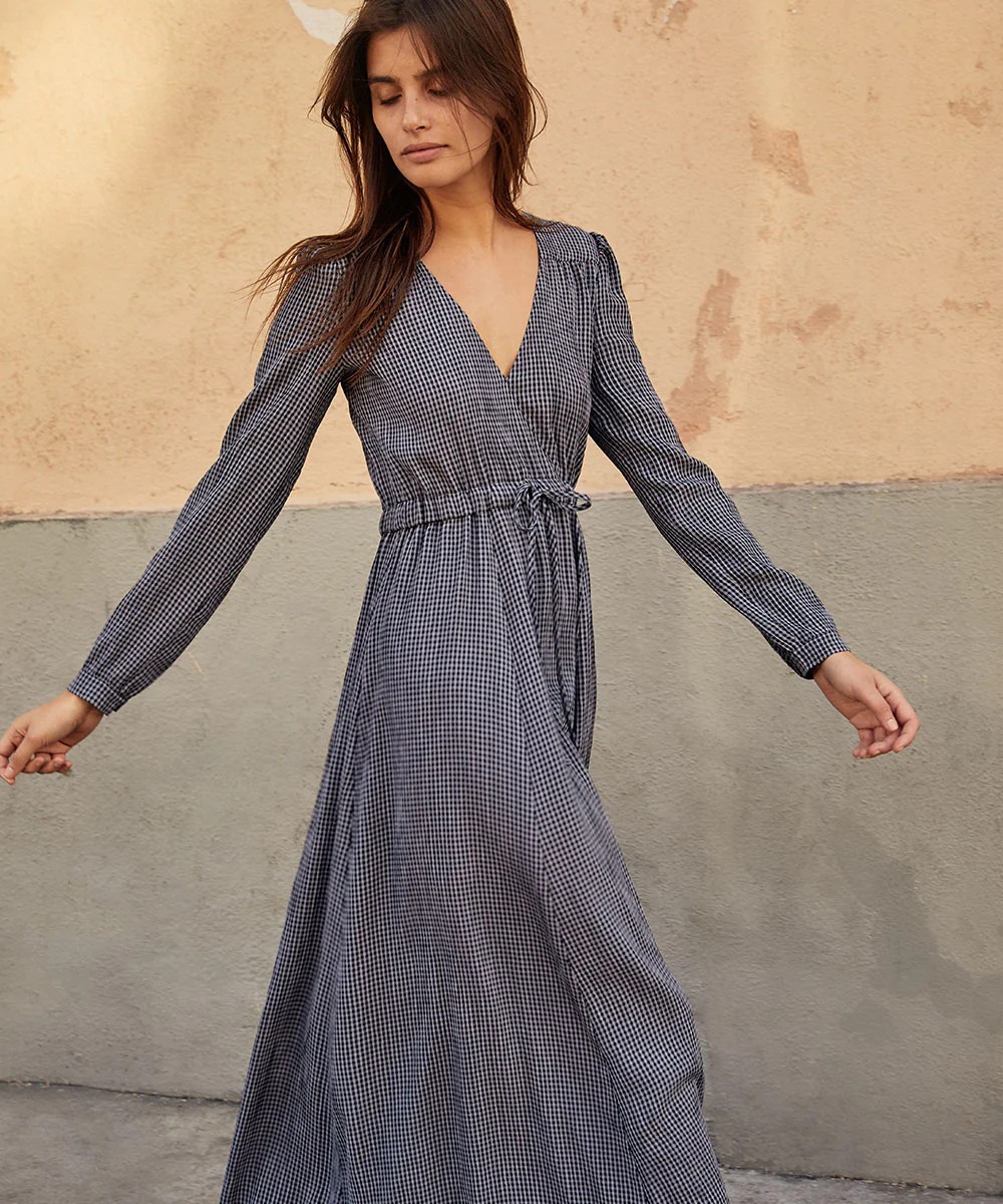 Christy Dawn Audrey Maxi Dress Navy Blue Check Plaid Size Small