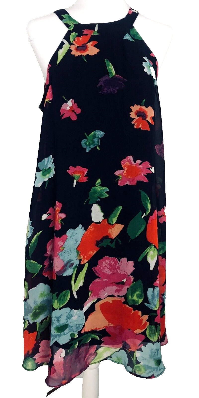 Betsey Johnson Size 12 Halter Neck Blue Floral Print Dress Chiffon Flowy Lined
