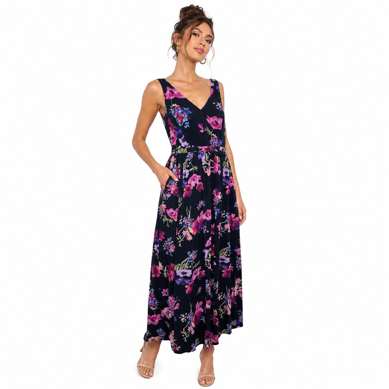 ModCloth Maxi Dress Women 2X Black Floral Poppy Empire Waist Retro Romantic Boho