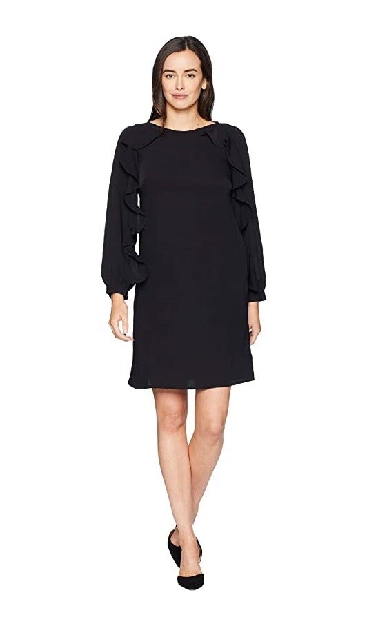 Chaps Black Ruffle Long Sleeve Shift Dress Size 12 Classic All-Season Wedding