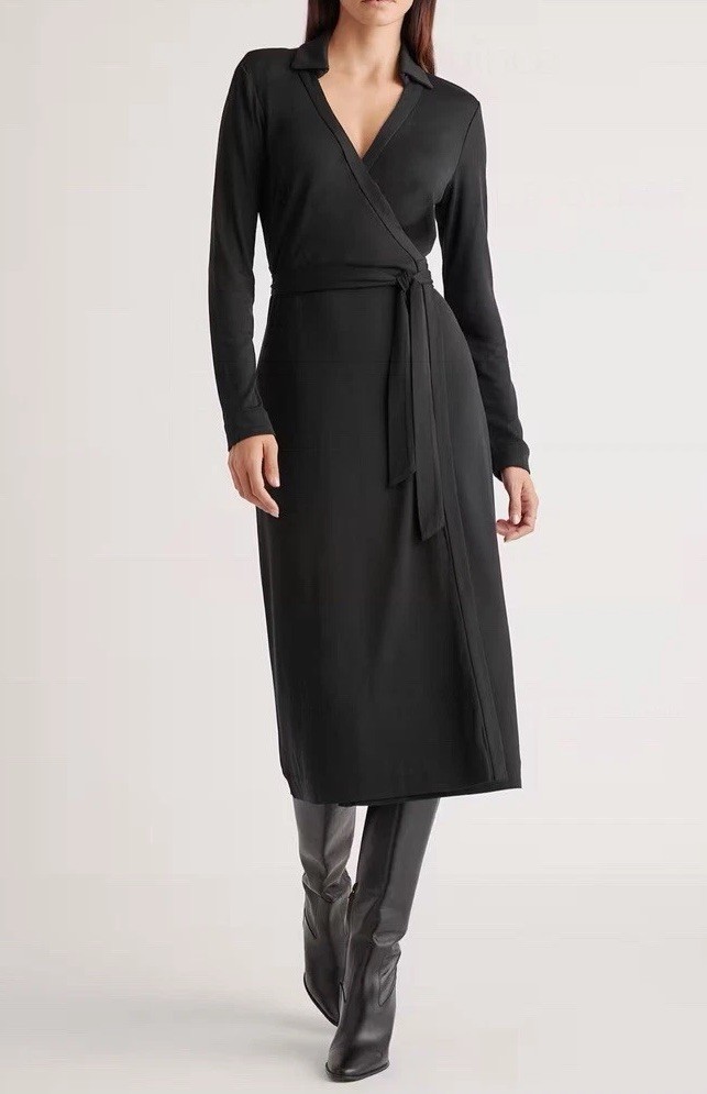 NWT QUINCE 100% SILK JERSEY MIDI WRAP DRESS Size Small Black MSRP $150