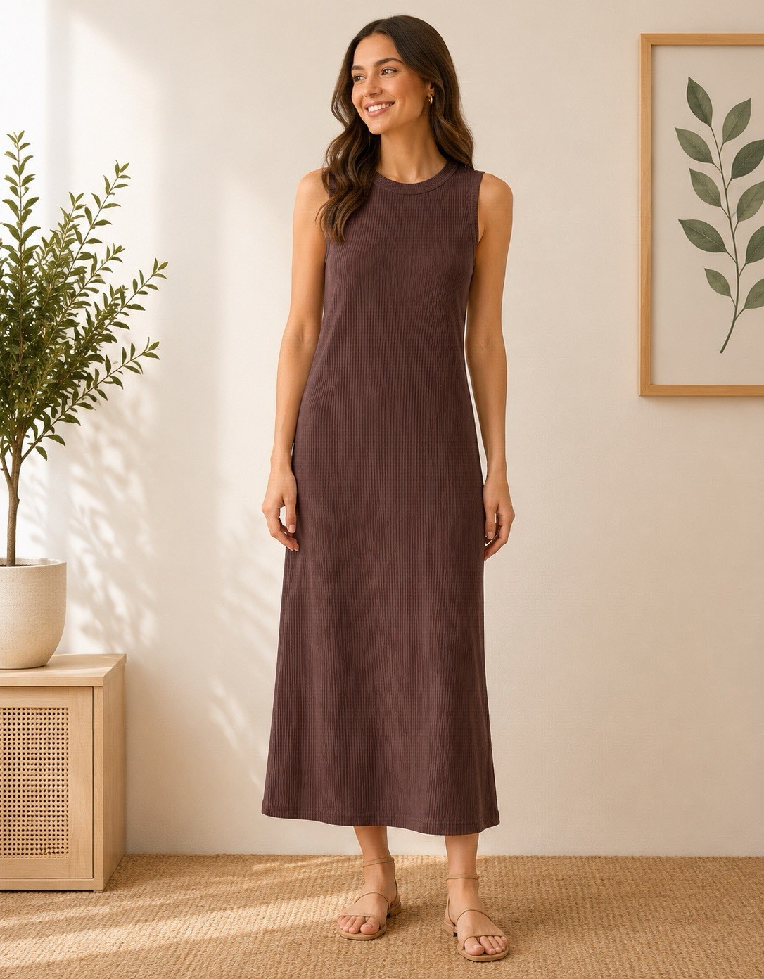 SHEIN Womens Brown Ribbed Sleeveless Maxi Dress Size S