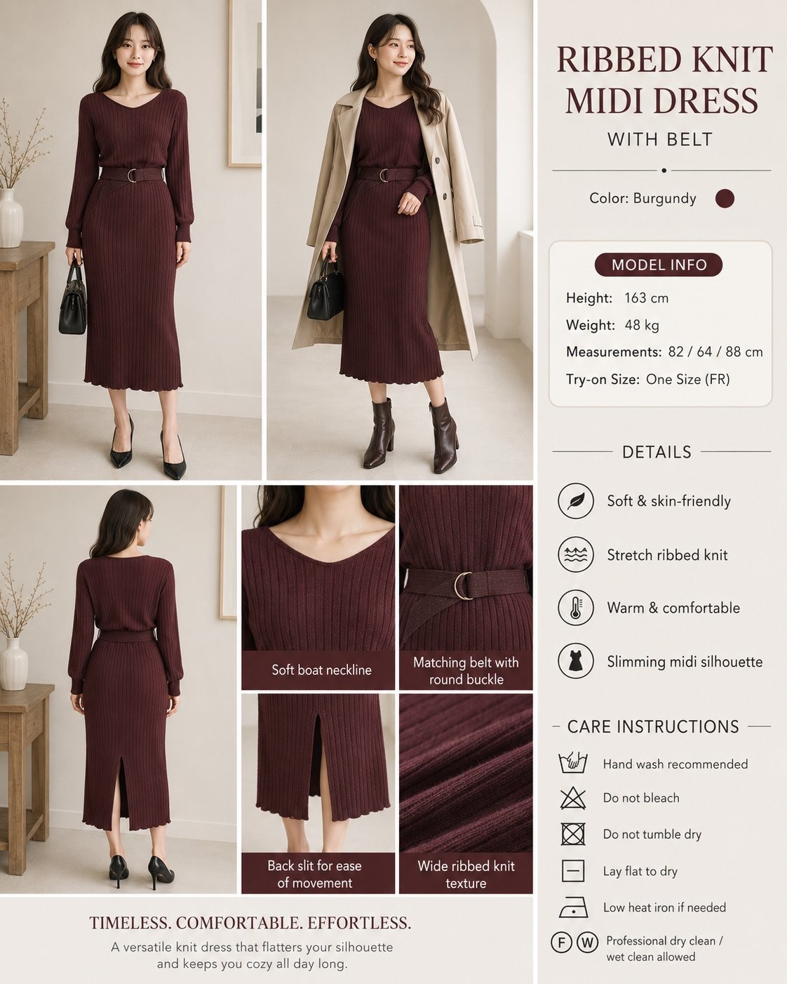 Free’s Mart Burgundy Ribbed Knit Midi Dress Set with Belt | One Size
