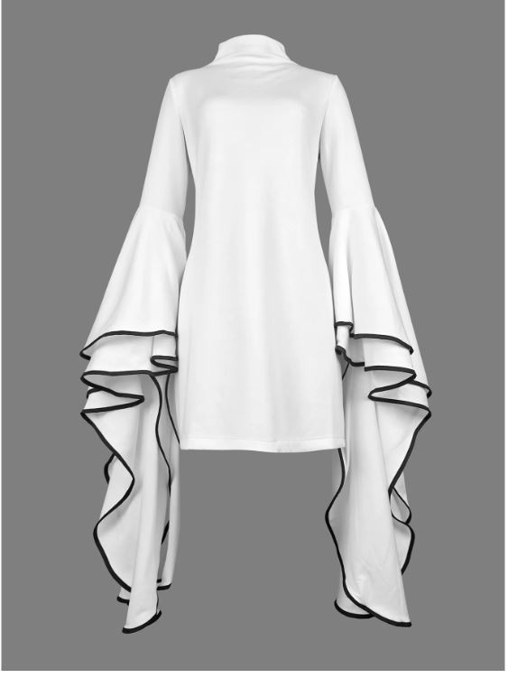 Sz Large Flared LONG Sleeves Goddess White Stand up Collar Mini Dress