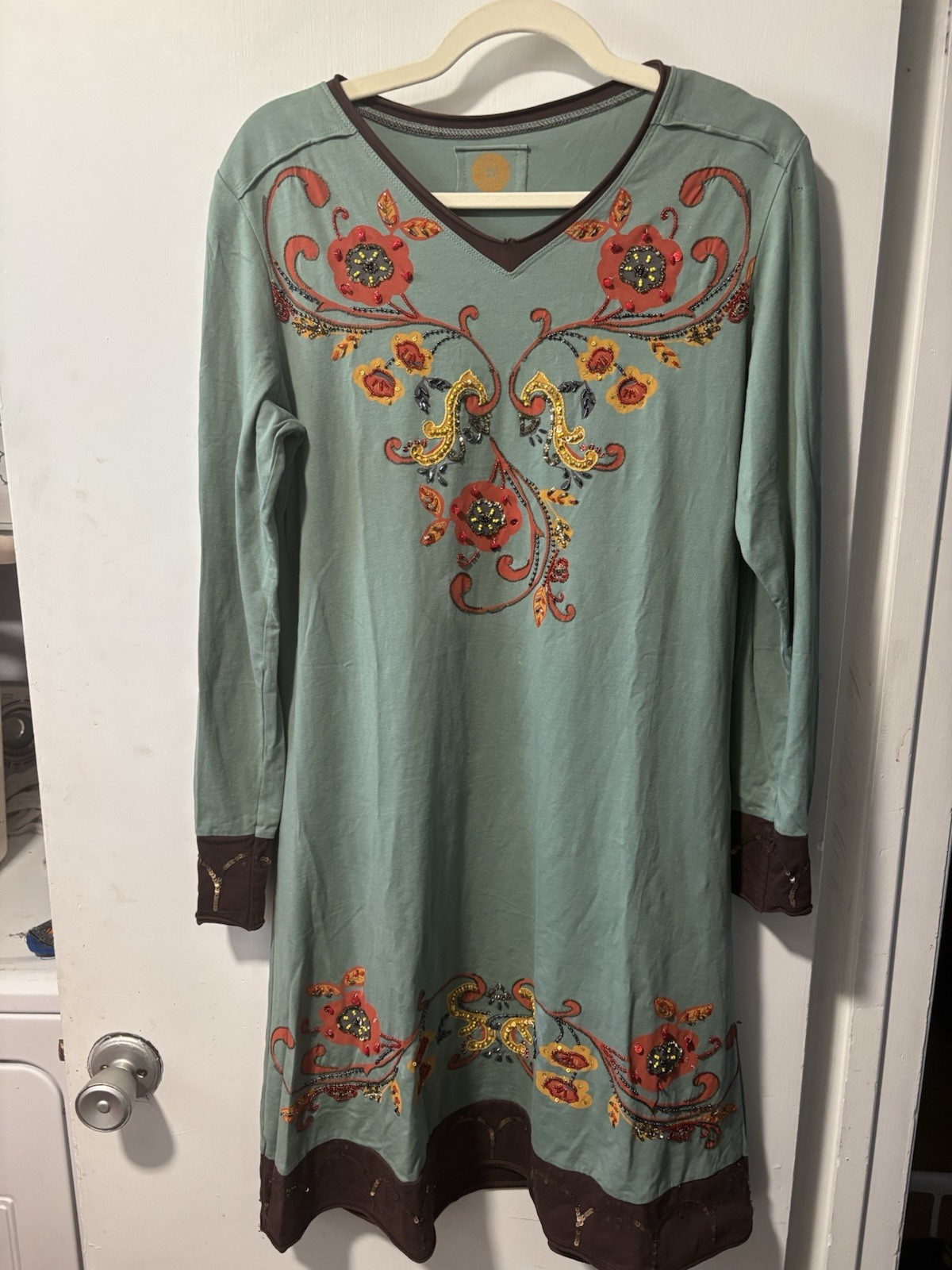 Double D Ranch Tunic Dress Embroidered Beaded Floral Long Sleeve V Neck Size S