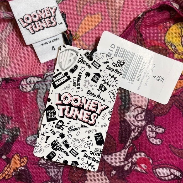 Looney Tunes Character Print Mesh Lined Midi T-Shirt Style Dress Magenta +4-4X