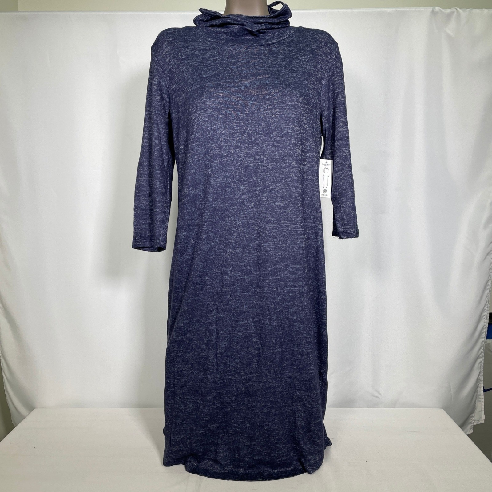 Bobeau Cowl Neck Face Cover Dark Denim Blue Marled Midi Dress Women’s LARGE NWT