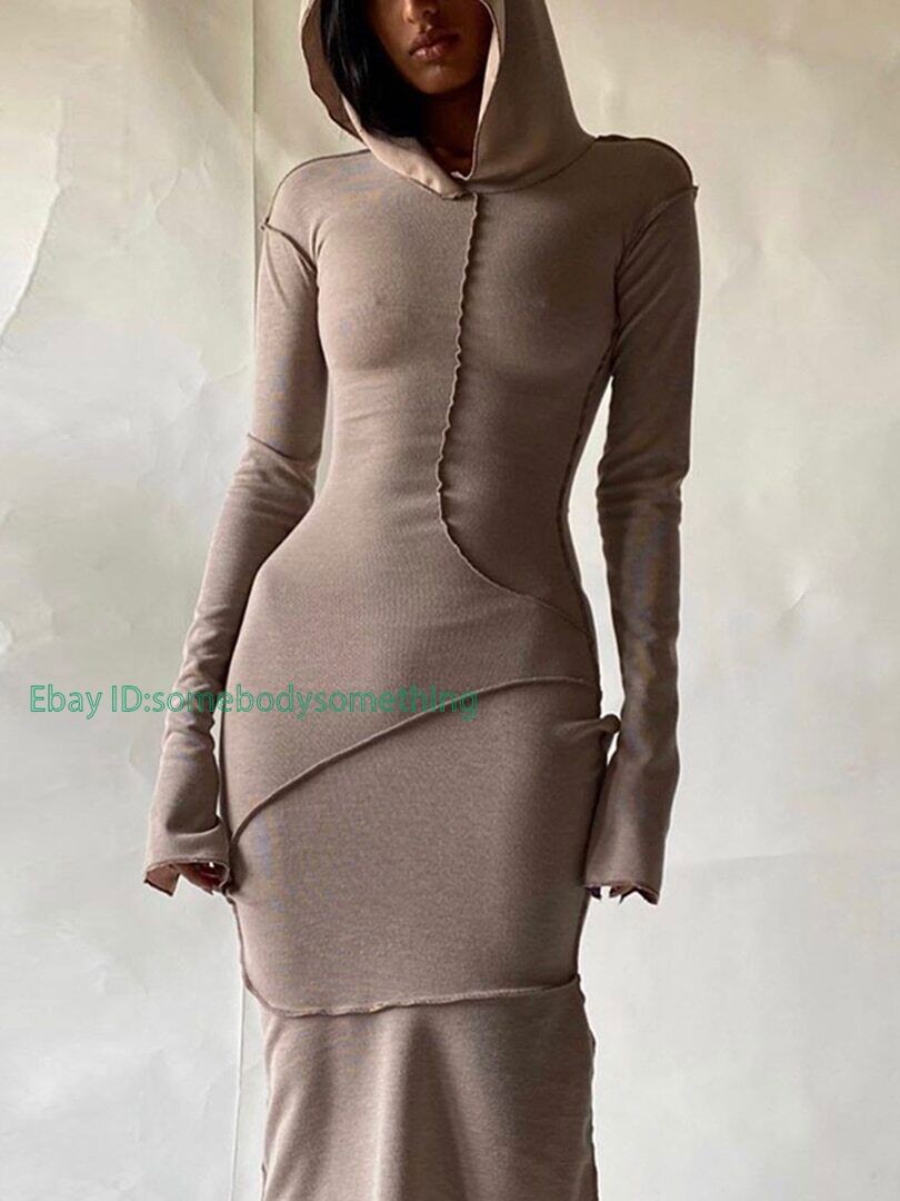 Long Sleeve Hooded Patchwork Skinny Maxi Dress Autumn Winter Women Fashion
