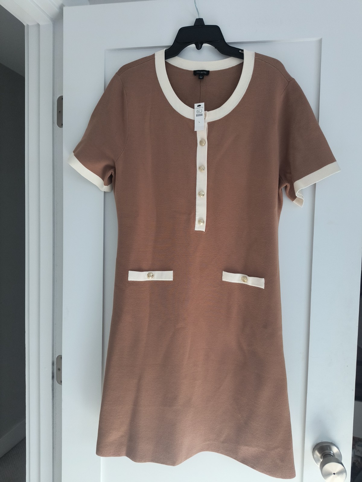 NWT Talbots Tipped Sweater Knit Shift Dress Cafe/Ivory Gold Buttons Size Large