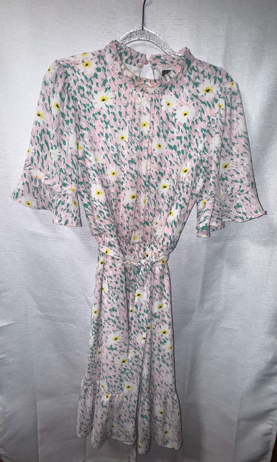 Luxology Women’s Floral Pattern Mock Neck Flutter Sleeve Belted Dress