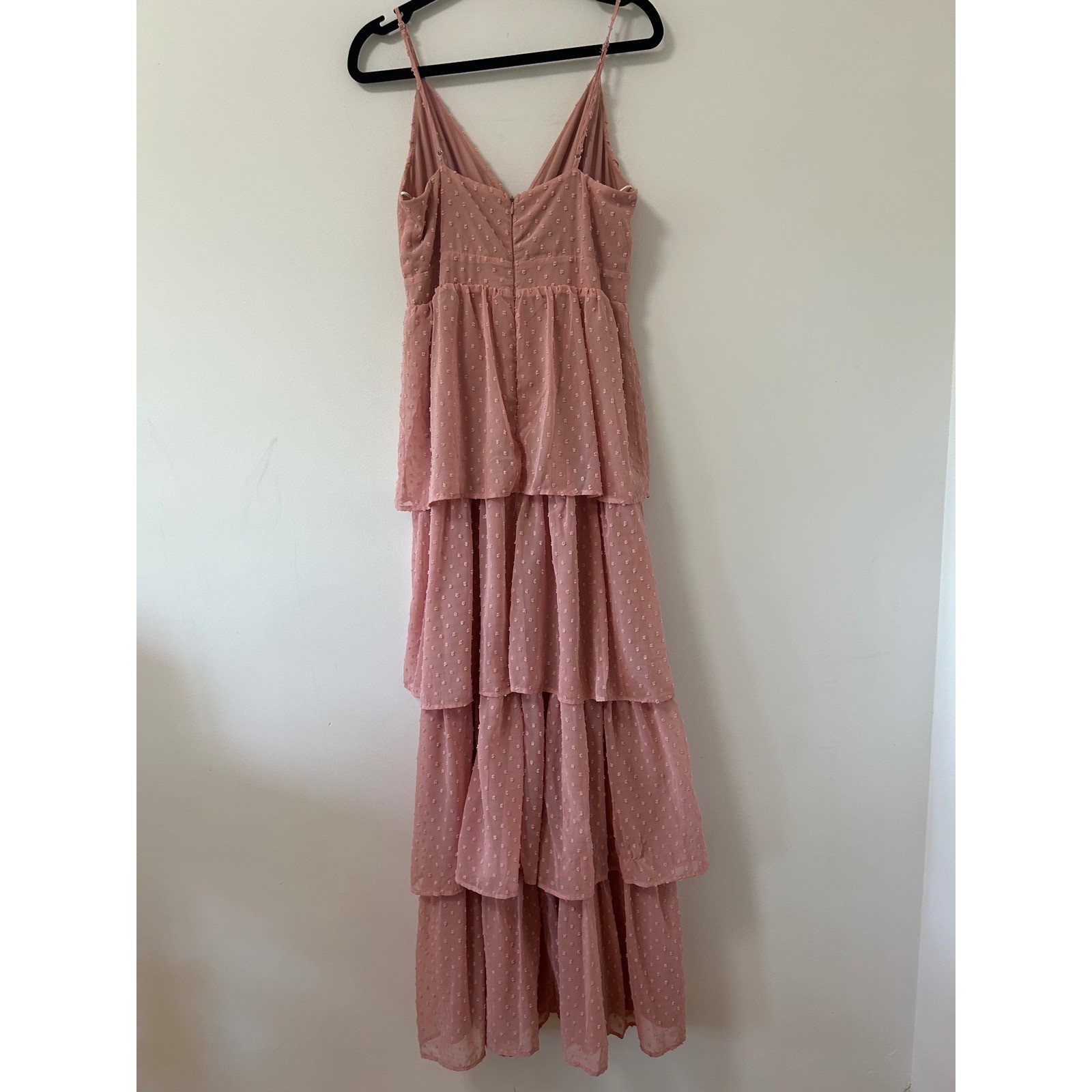 Lulus Dusty Rose Swiss Dot Tiered Maxi Dress Pleated V-Neck Pink Size L