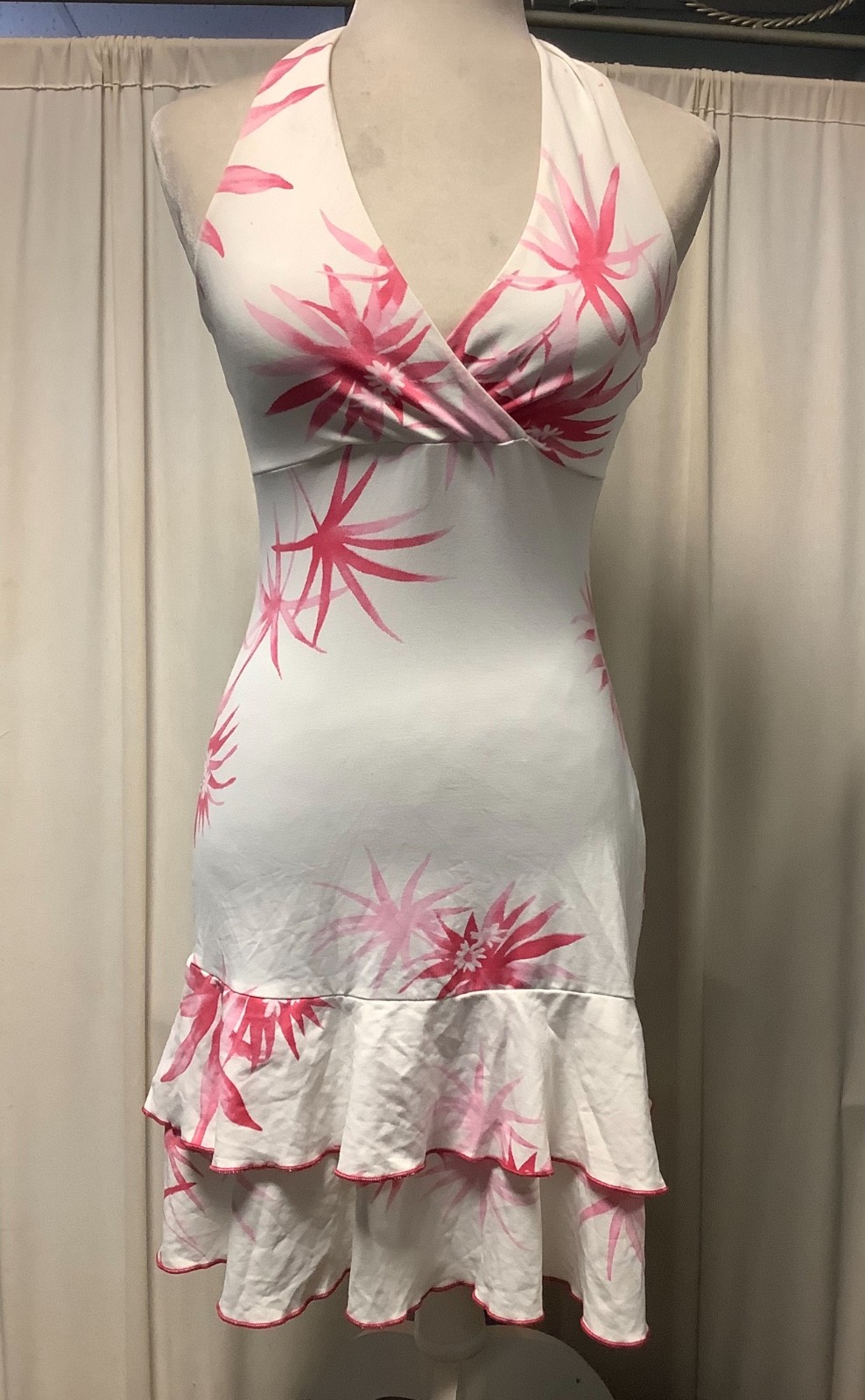 Y2K Star Flower Halter Dress White Pink Floral Ruffle Empire Layered PXS/PS
